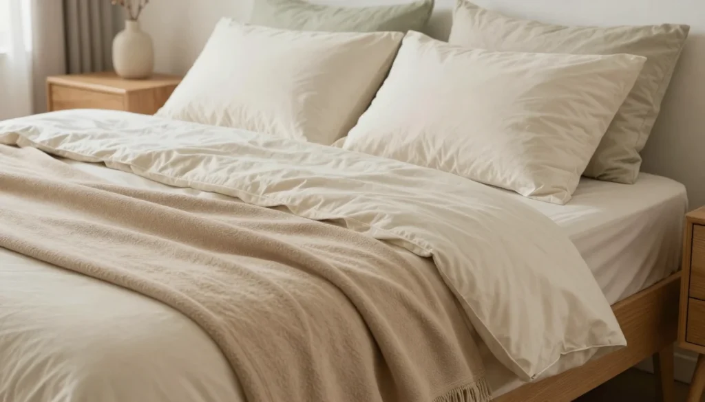 Neatly made bed with a cream duvet, cream and sage pillows, a sand throw and an oak nightstand holding a small vase