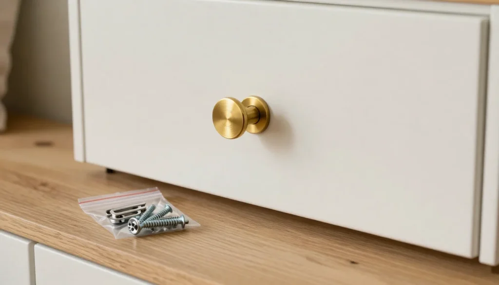 White drawer with a brushed brass knob, a small clear bag of silver hardware and screws on an oak surface below