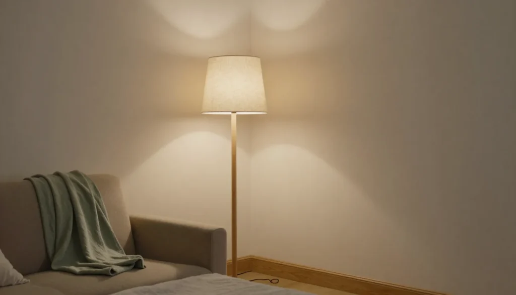 Linen-shaded floor lamp glowing in a bedroom corner, warming cream walls beside a sofa with a sage green throw