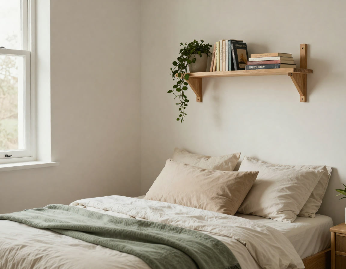 Bright, compact bedroom with layered neutral bedding