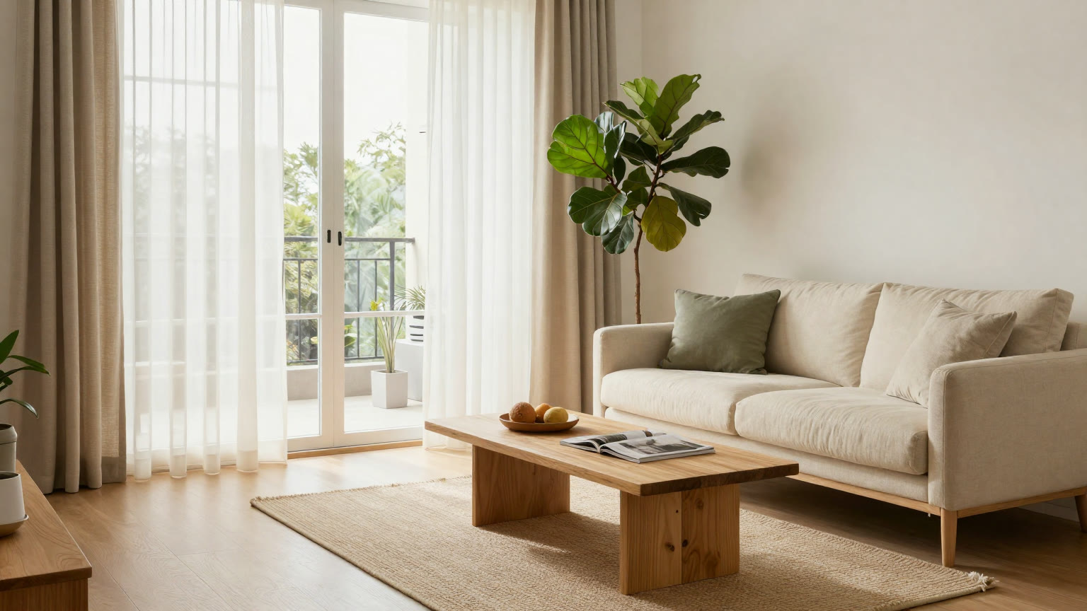 Warm neutral living room with soft natural light