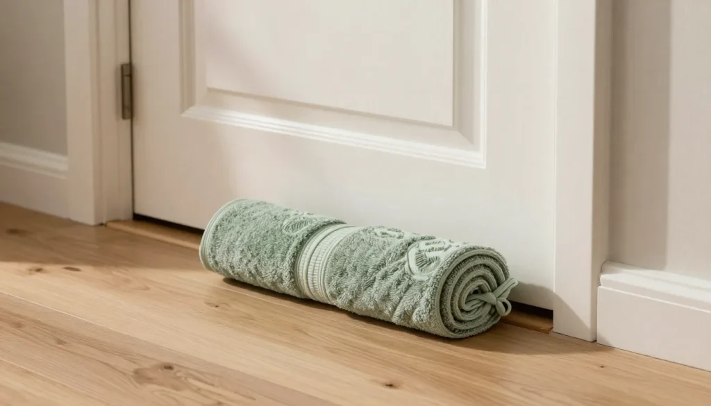 Rolled sage-green bath towel tied at the end, lying along the gap at the base of a white interior door on a light oak floor