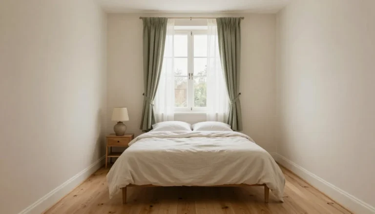 Small bedroom with a bed under a window, sage curtains tied back, oak nightstand with a ceramic lamp and a wood floor