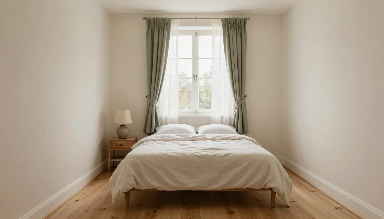 Small bedroom with a bed under a window, sage curtains tied back, oak nightstand with a ceramic lamp and a wood floor