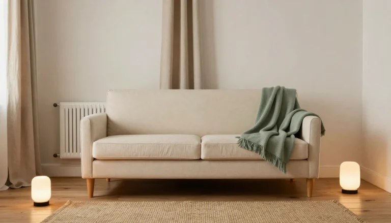 Cream sofa with oak legs and a sage throw, linen curtains, a white radiator, two glowing floor lamps and a jute rug