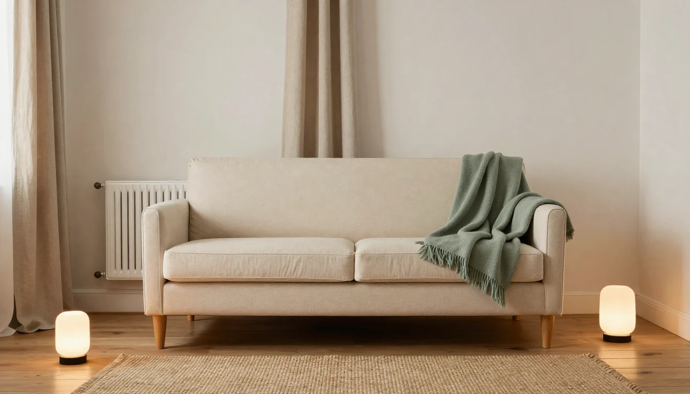 Cream sofa with oak legs and a sage throw, linen curtains, a white radiator, two glowing floor lamps and a jute rug