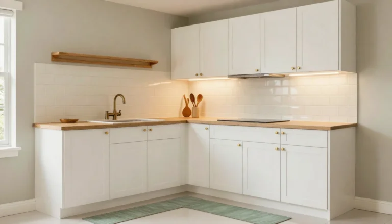 Small L-shaped kitchen with white cabinets, brass knobs, white subway tile, under-cabinet glow and a sage runner