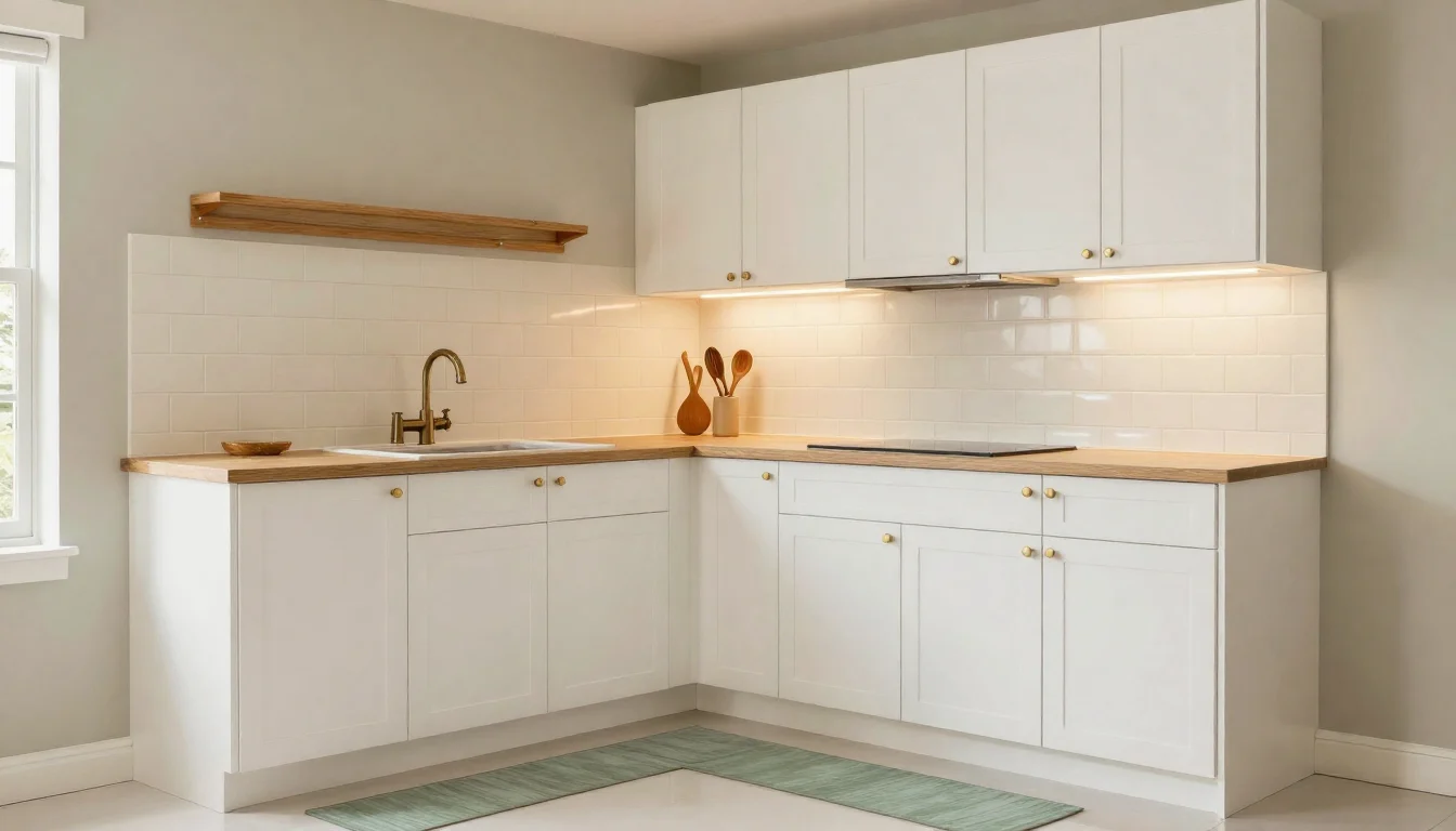Small L-shaped kitchen with white cabinets, brass knobs, white subway tile, under-cabinet glow and a sage runner
