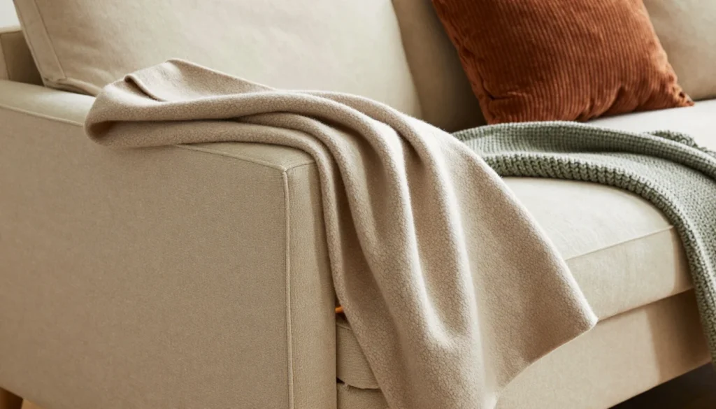 Cream sofa arm layered with an oatmeal throw, a sage knit blanket and a rust corduroy cushion